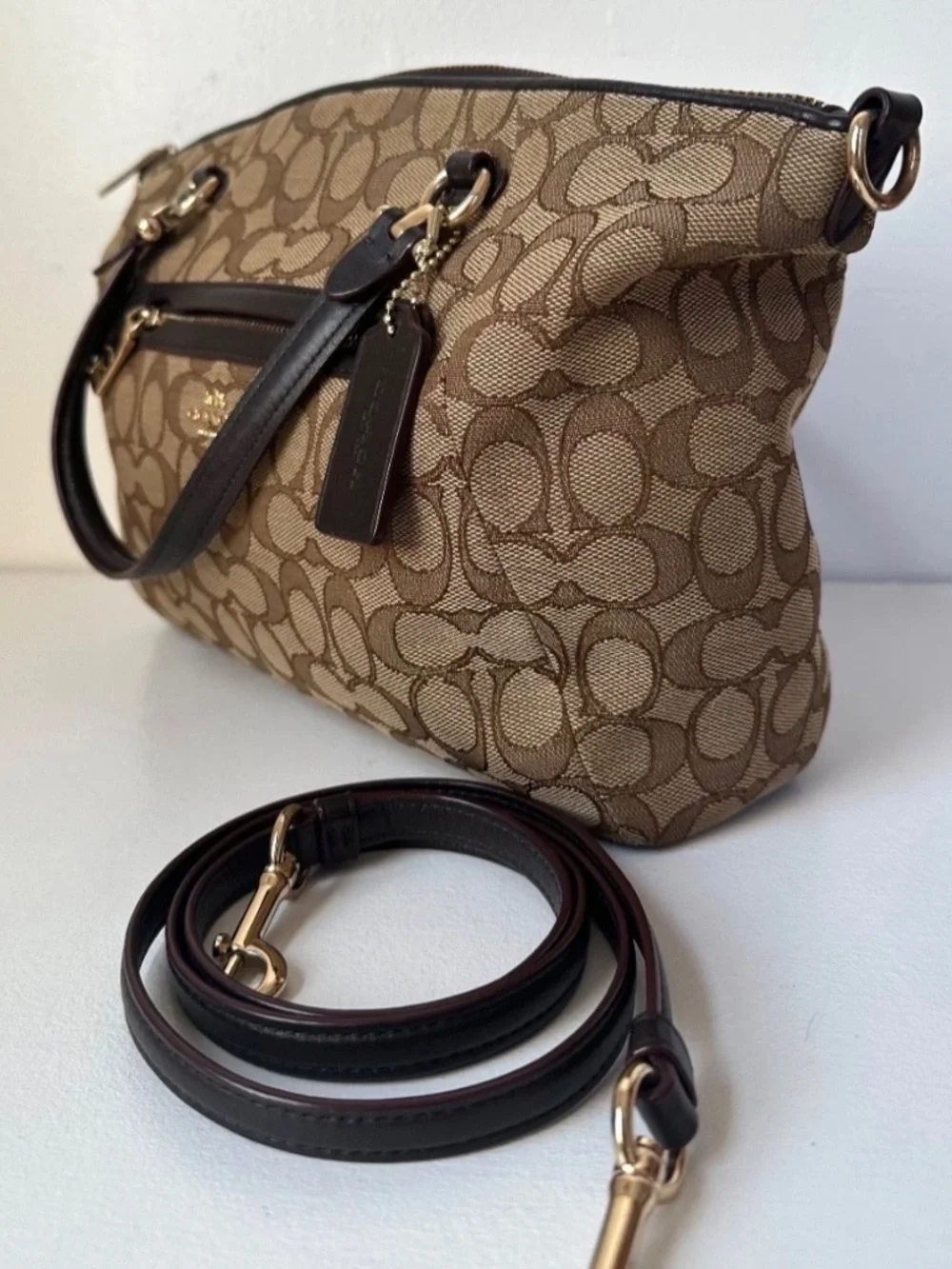 Coach Khaki Brown Signature Jacquard Prairie Satchel in Canvas